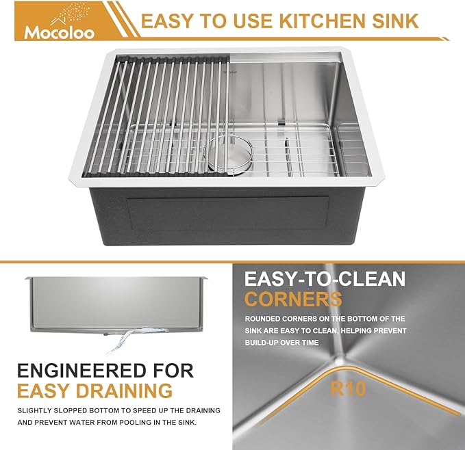 Mocoloo 23 Inch Undermount Kitchen Sink - Stainless Steel Undermount Bar Prep Single Bowl 16 Gauge 10" Deep 23x19 Kitchen Sink Workstation Handmade RV Laundry Sinks with Track