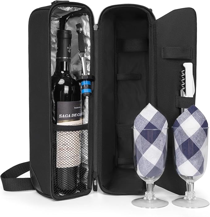 ALLCAMP Wine Bag - Insulated Cooler Bag with Wine Glasses, Bottle Opener & Wine Accessories for Wine Lovers - Portable Wine Gift Bag for Travel, Picnics, and Gift Ideas(Black)