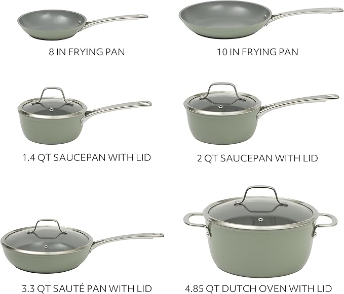 Sur La Table Kitchen Essentials Cool Commune Hard Anodized 10 Piece PFA Free Ceramic Non stick Interior Forged Durable Aluminum Pots and Pans Cookware Set - Green - Induction Compatible