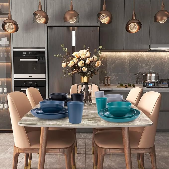 Supernal 32pcs Wheat Straw Dinnerware Sets,Plastic Plates and Bowls Sets for 8,Unbreakable Plates and Bowls Sets Dishwasher Safe Microwave Safe Fun Colors Perfect for Cooking Family Camping Picnics