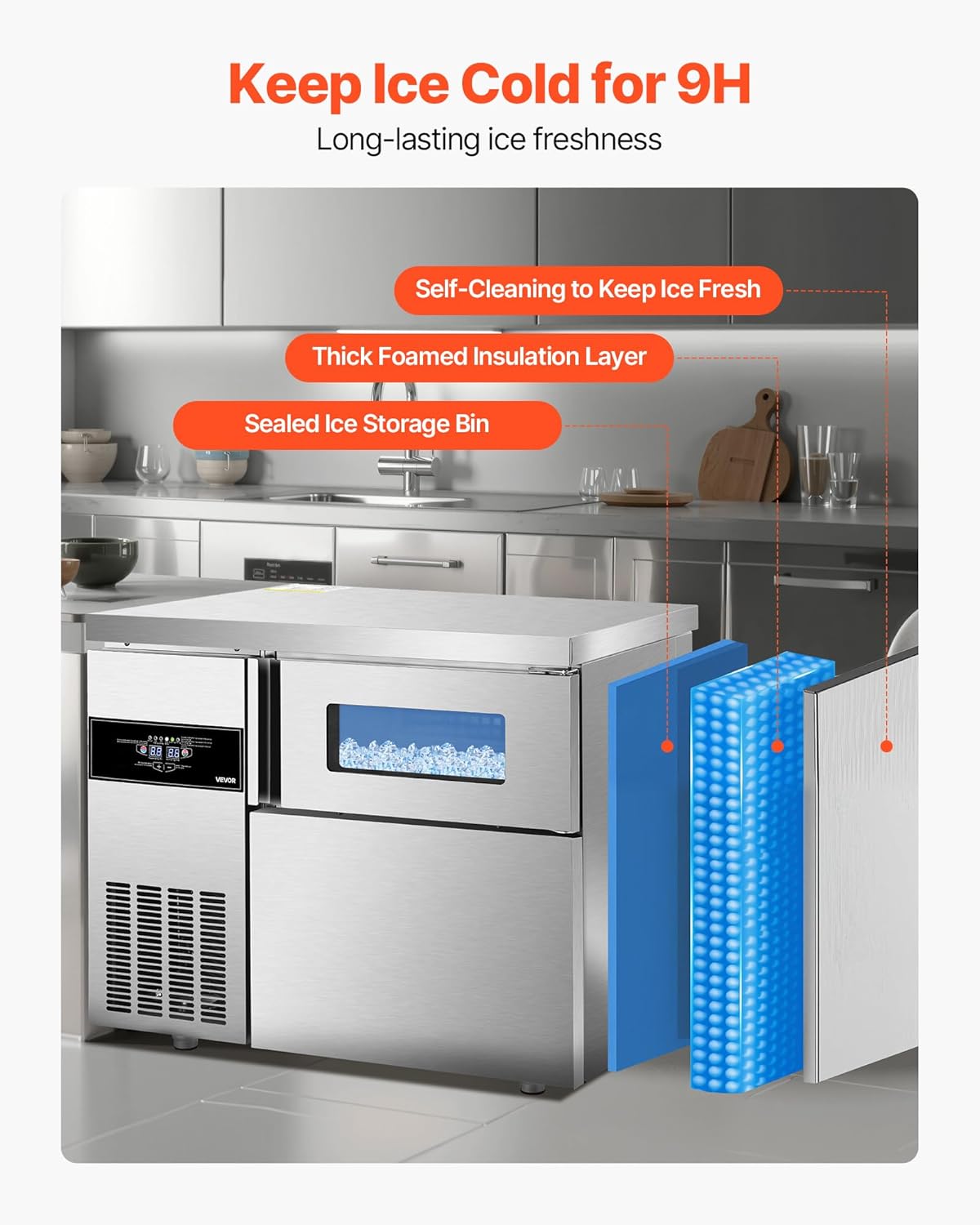 VEVOR Commercial Ice Maker Machine, 220 lbs/24H Stainless Steel Ice Machine with Worktop, 66 lbs Ice Storage Bin & Touch Screen, Self-Cleaning Freestanding Ice Making for Home Bar Restaurant Kitchen