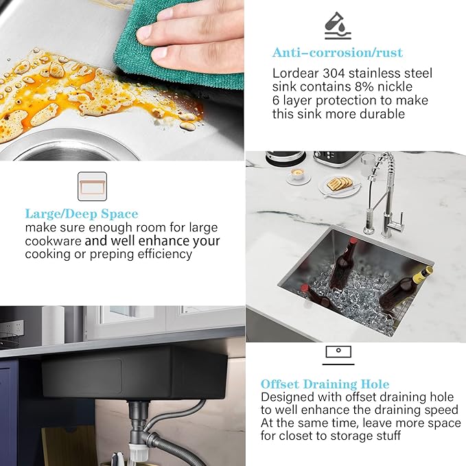 Lordear Undermount Bar Sink 17 Inch Deep Single Bowl 16 Gauge Stainless Steel Under Counter Square Kitchen Bar Prep RV Camper Outdoor Handmade Sink Basin