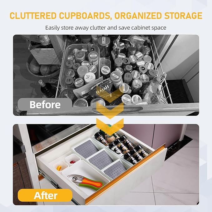 Spice Drawer Organizer, 3 Tier Non-Slip Silicone Seasoning Jars Drawer Insert, Spice Rack Organization for Drawer, Kitchen Spice Rack Tray for Cabinet Countertop Makeup Storage-1 Pack