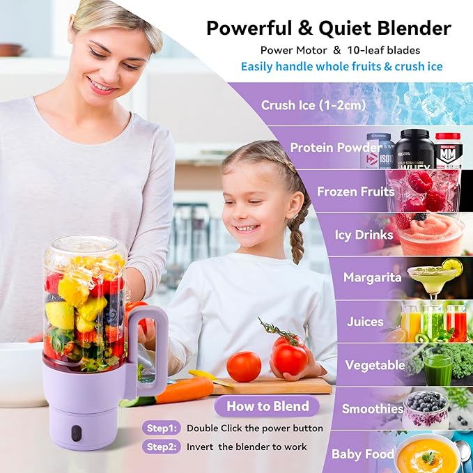 Portable Blender for Smoothies, 34oz Personal Size Mini Small Protein Shake Smoothie Blender, Cordless & BPA Free with Leakproof Lanyard Sip Lid (Purple)
