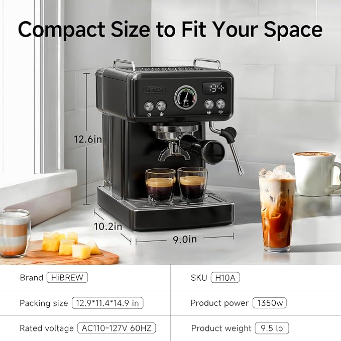 HIBREW H10A - 58mm Espresso Machine, Stainless Steel Body with Milk Frother, Customizable Settings, Smart Display + 20 Bar Pressure Gauge. (Black)