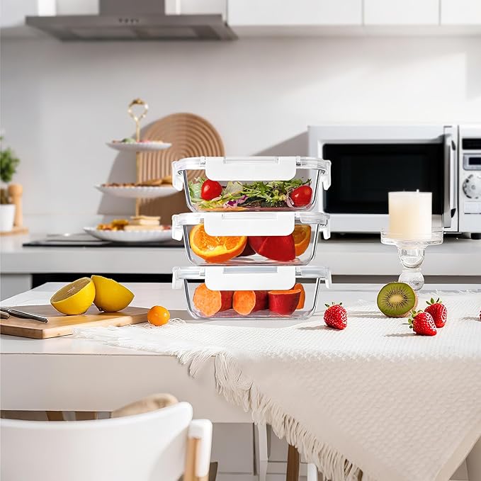 BAYZZ 10 Pack 22 oz Glass Meal Prep Containers, Glass Food Storage Containers with Airtight Lids, BPA-Free, Freezer and Microwave Safe, White