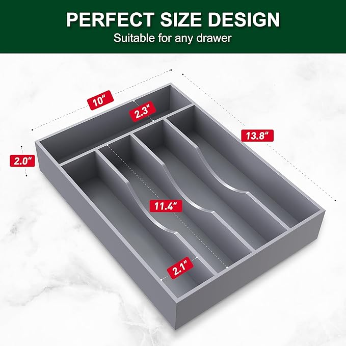 Bellsal Grey Utensil Organizer 10 Inch Silverware Tray for Drawer Utensil Holder Cutlery Organizer Kitchen Drawer Organizer 5 Compartment Small Narrow Bamboo