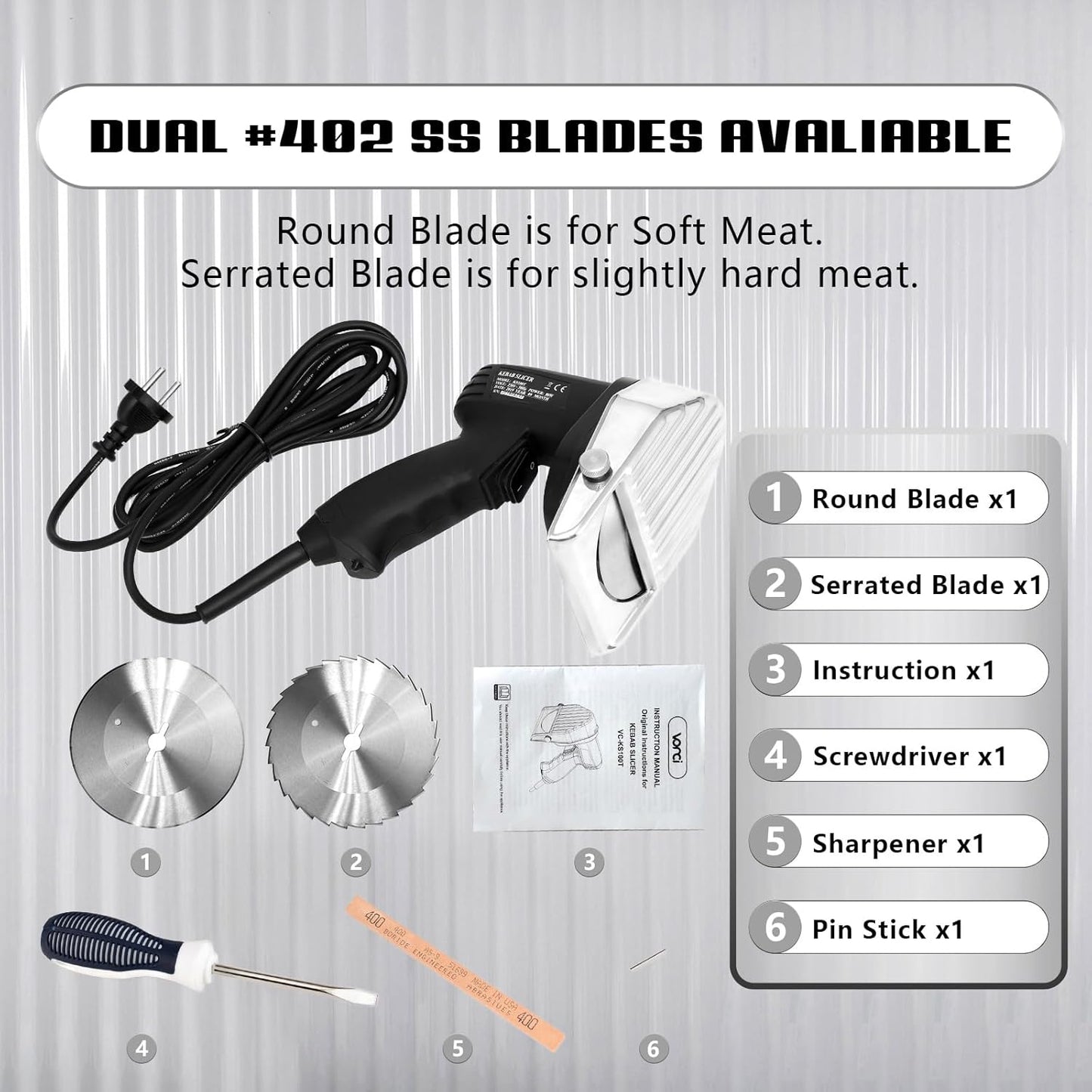 VONCI 80W Commercial Gyro Cutter, Electric Shawarma Knife, Doner Kebab Meat Slicer With 2 Blades, 2600 RPM, 0-8mm Adjustable Thickness, Powerful Turkish Grill Machine.