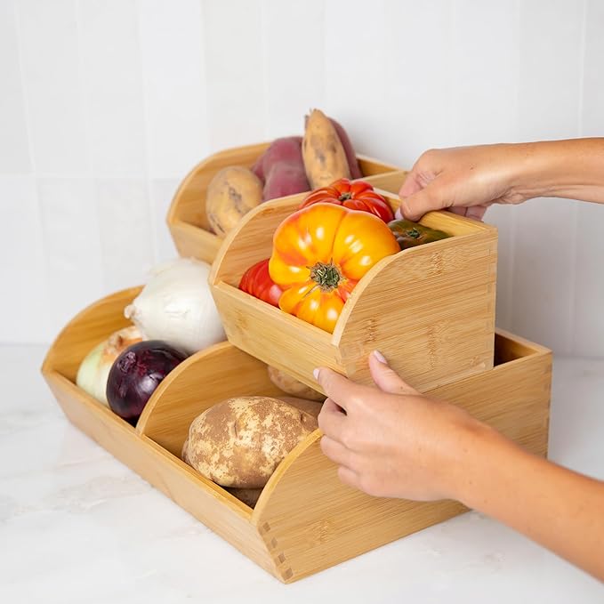 Potato and Onion Storage Bin for Pantry and Kitchen Counter - Ventilated Stackable Bamboo Organizer Baskets with Handles - Multipurpose Organization Containers for Fruit, Vegetable, Pantry - 3 Pack