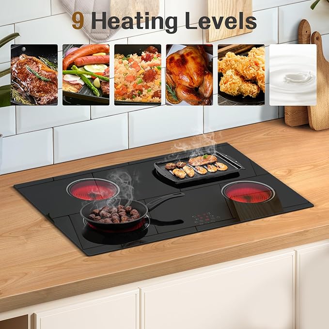 30 Inch Electric Cooktop with 4 Burner, 6400W Electric Stove top with Touch Control, Built-in Ceramic Cooktop, Pause, Safety Lock, Extended Zone & Timer, 220V Hard Wire, Nefaracy