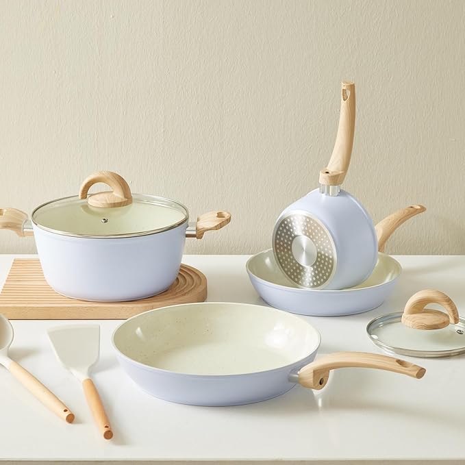 Blue Non Stick Pots and Pans Set, Healthy Ceramic Cookware Set, 12pcs Kitchen Cooking Pots and Frying Sauce Saute Pans Set, PFAS-Free with Kitchen Utensils and Lid