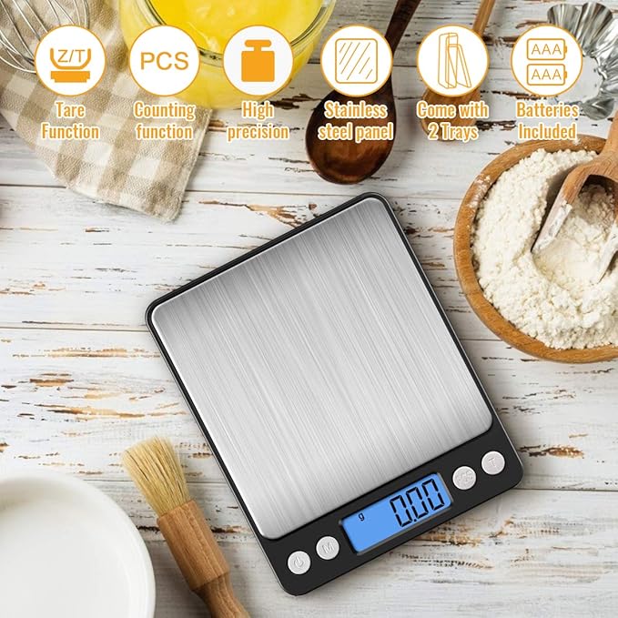 Diyife Digital Kitchen Scale 500g/0.01g, High Precision Cooking Food Scale, Mini Gram Scale with LCD Display, 2 Trays, 6 Units, Auto Off, Tare Function, Christmas Gift (Batteries Included) (Black)