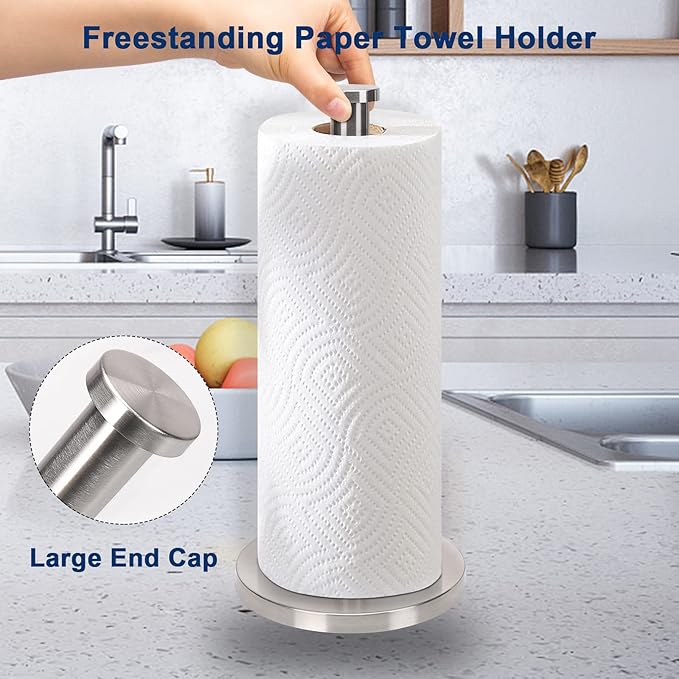NearMoon Standing Paper Towel Holder, Kitchen Paper Towel Tissue Holder- for Bathroom Countertop, Standard or Jumbo-Sized Roll Paper (with Stainless Steel Base, Brushed Nickel)