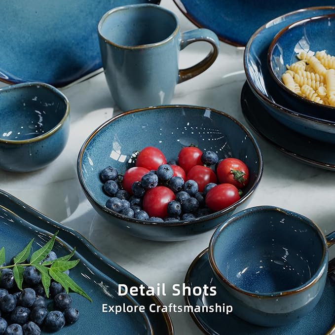 Highland 16pc Dinnerware Set, Unique Organic Shape Double Bowl, Stoneware Plate & Bowl Dish Set Service For 4, Scratch Resistant, Microwave & Dishwasher Safe, Natural Reactive Glaze, Blue