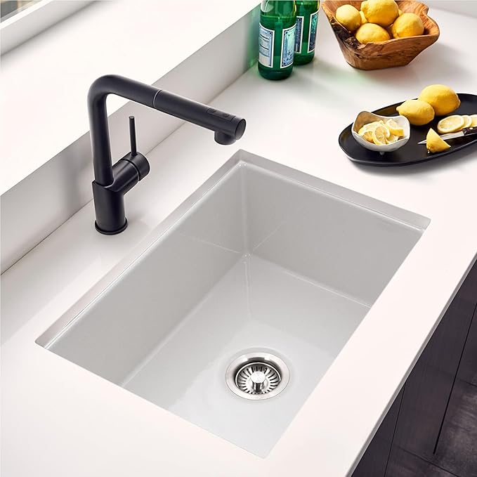 Houzer Platus White Fireclay Kitchen Sink: 26 Inch Undermount Single Bowl Kitchen Sink, Durable & Versatile, Essential for Home & Apartment: PTU-2800 WH