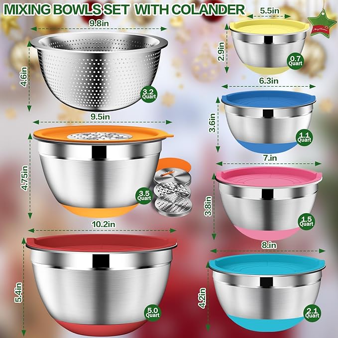 Mixing Bowls with Lids Set - 16pcs Stainless Steel Mixing Bowl Set with Colander, 3 Grater Attachments, Non-Slip Bottom, Metal Nesting Bowls with Strainer for Mixing & Serving - Multicolor