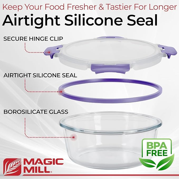 Magic Mill Premium Borosilicate Glass Food Storage Containers with lids Set | 24pc Sets with 12 Bowls & 12 Airtight Locking Lids for Lunch & Meal Prep, Safe for Oven, Freezer, Dishwasher, BPA-Free