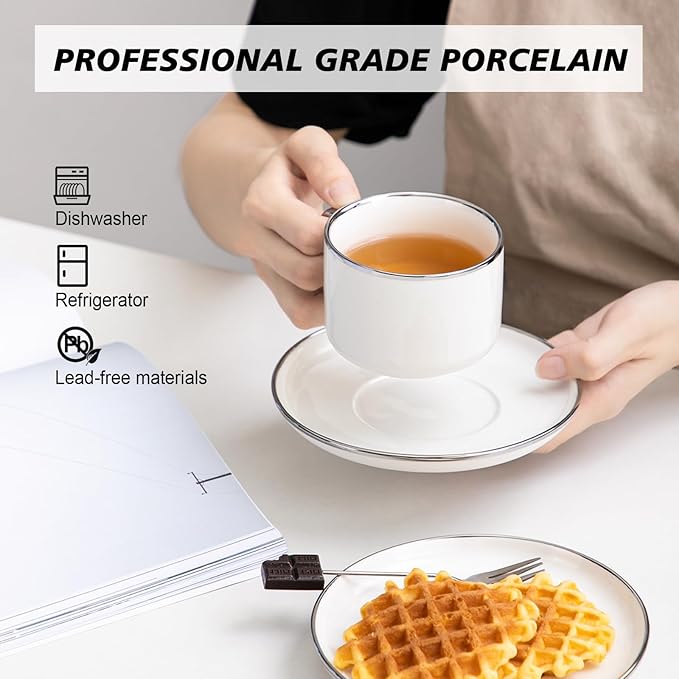 Tea Cups and Saucers with Silver Trim, 6.76 Ounce White Porcelain Tea Set & Coffee Cups for Latte, Cafe Mocha - Set of 4, Porcelain Mugs for Kitchen or Cafe (White and Silver)