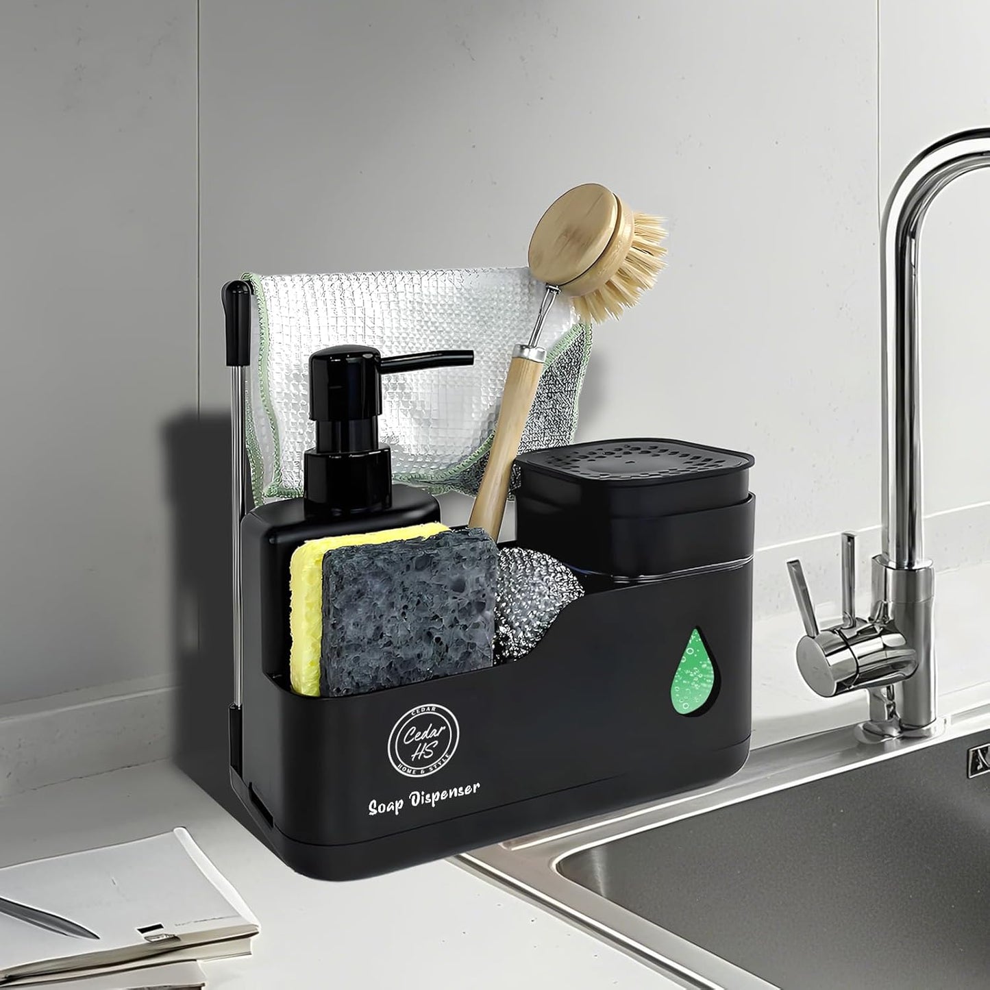 Kitchen Hand and Dish Soap Dispenser Set (Black) – Dual Pump Bottles with Sponge Caddy, Brush Holder, Towel Bar & Drain Rack – Space-Saving Countertop Organizer for Sink & Bathroom