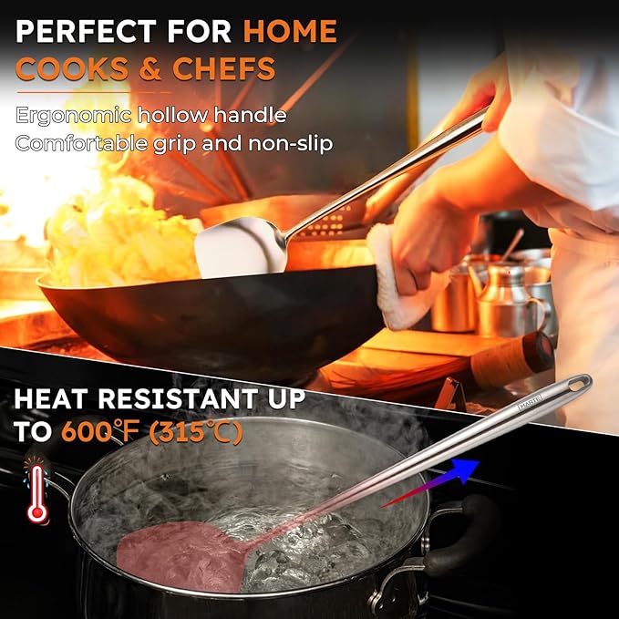 MARTE Wok Spatula and Ladle Skimmer Spoon Tool Set,[High-Grade,Rustproof, Integral Forming, Heat-Resistant] 17" 304 Stainless Steel Cooking Utensils Set of 3，Wok Stir-Fry Accessories - Non-Slip Handle