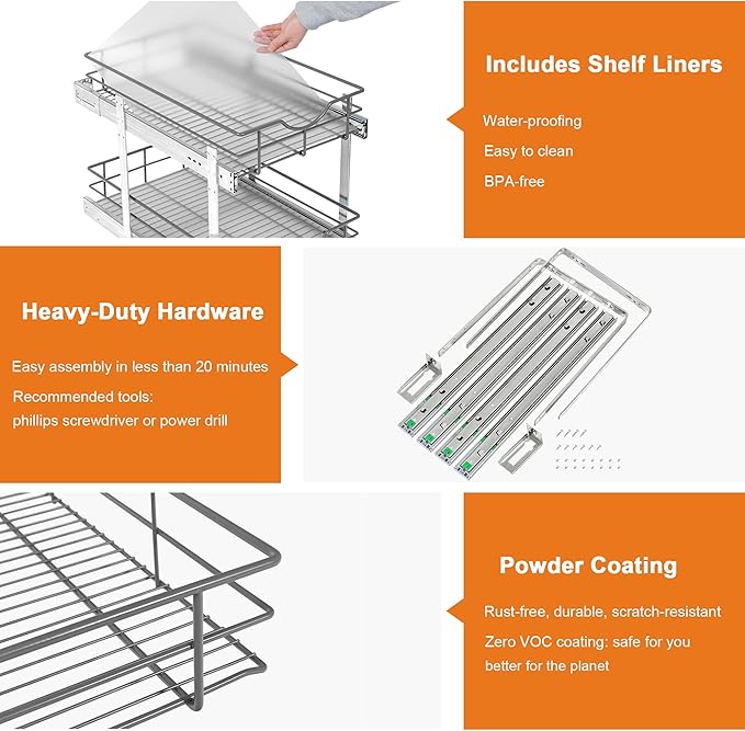 ALINE FURNITURE 2-Tier Pull Out Cabinet Organizer - 11" W x 22" D Soft Close Sliding Shelves with Shelf Liners - Pullout Drawers for Kitchen Cabinets, Pantry, Bathroom, Heavy Duty Steel Wire Baskets