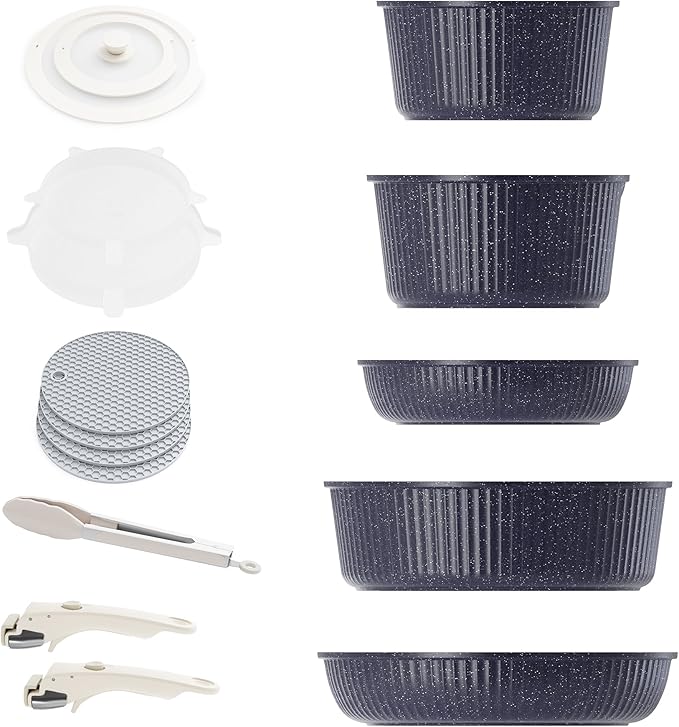 Caannasweis Detachable Nonstick Cookware Set - Stackable Induction Pots and Pans With Removable Handles, Dishwasher Safe - For RV Camping, Oven and Stovetop Use, 5 Pieces (Starry Sky)