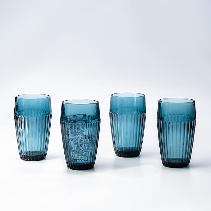 Blue Drinking Glasses Set Of 4-14 oz Vintage Aesthetic Colored Water Tumblers, Thick Glass Heavy Duty Ribbed Glassware, Retro Drinkware Home Bar Cocktail Cups, Kitchen Drink Cup Gift Sets