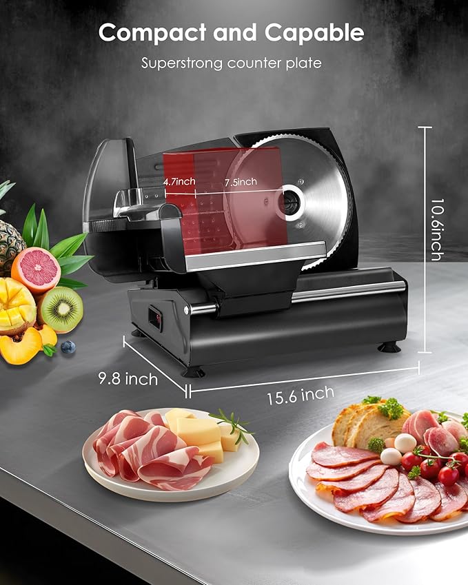 Meat Slicer, Electric Meat Slicer with 7.5" Stainless Steel Blade, Adjustable Thickness Deli Slicers for Home Use, Easy to Clean, Cuts Meat, Bread, Cheese and Deli, Black