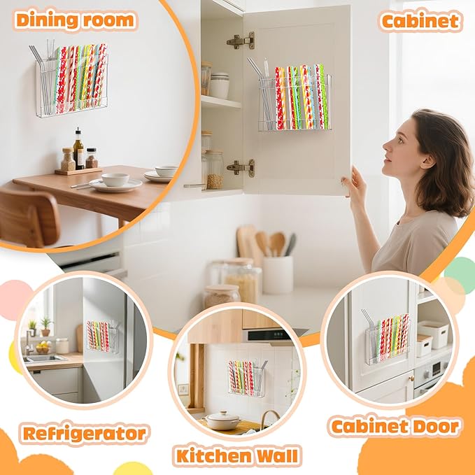 9.5" Acrylic Straw Holder with Double Sided Adhesive and Stickers,Reusable Straws Organizer Storage Dispenser for Counter Cabinet Cupboard Kitchen Door (Transparent)