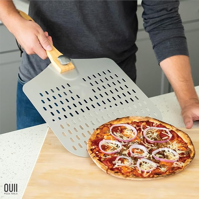 Perforated Pizza Peel 12 x 14 Inch. - Aluminum Metal Spatula Paddle for Grill with Foldable Handle. Pizza Oven Accessories and Tools. Turning Peel, Bread, Pastry, Dough, Cake.