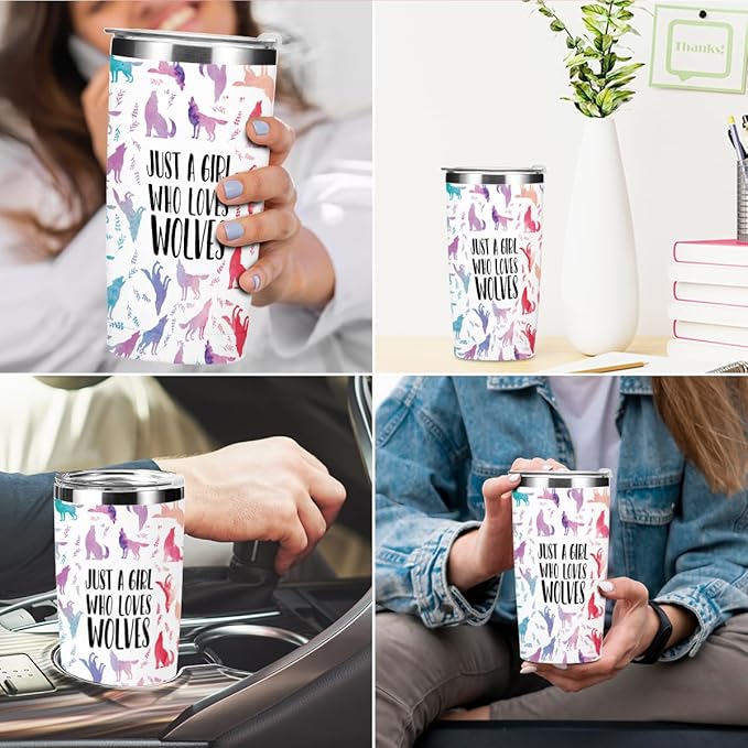 Cute Wolf Stuff Tumbler, Wolf Decor 20 oz Stainless Steel Coffee Mug，Travel Cup，Insulated Cup with Lid for Car, Perfect Gifts for Girl Sister Friend Animal Lover Christmas Birthday