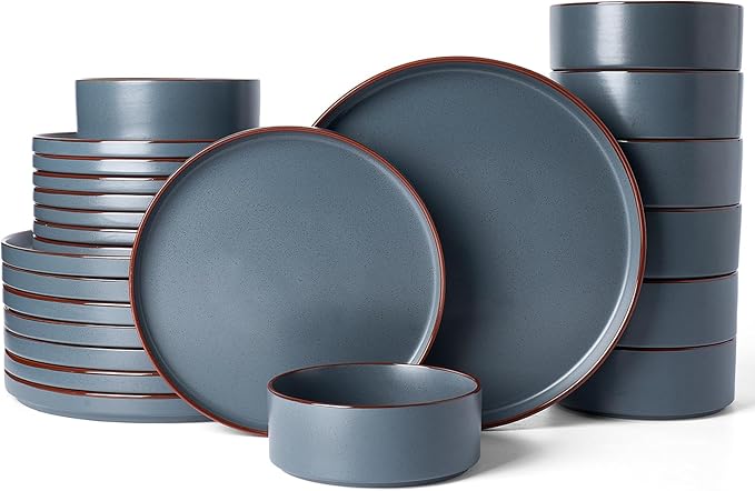 Famiware Nebula Ridge Stoneware Dinnerware Sets for 8, 24 Pieces Plates and Bowls Sets, Dishes Set, Microwave and Dishwasher Safe Kitchen Plates, Charcoal