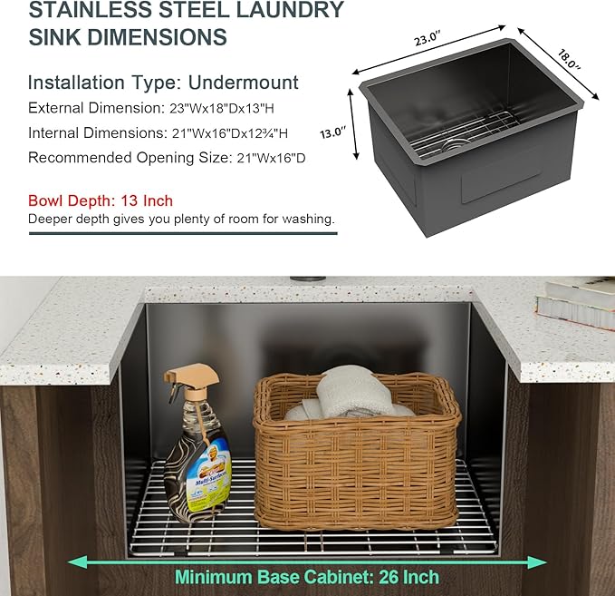 Lordear 23 Black Laundry Sink Stainless Steel 23" x 18" x 13" Undermount Sink Single Bowl 16 Gauge 13 Inch Deep Laundry Room Utility Sinks Handmade Under Counter Kitchen Basin Gunmetal Black