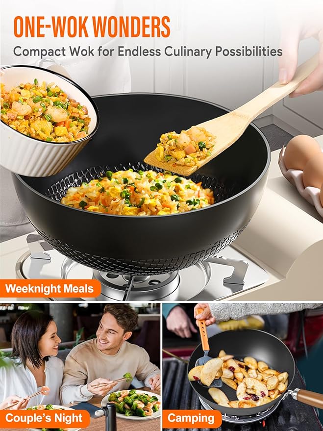 Carbon Steel Wok, 10.5" Wok Pan Set With Lid, Stir-Fry Pans Set, 1.65lb Lightweight Flat Bottom Small Wok