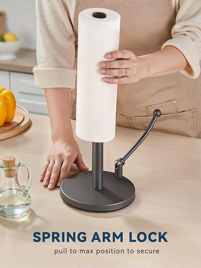 SMARTAKE Paper Towel Holder, Paper Towel Dispenser Standing Weighted Base Non Slip, Spring Arm for Easy Tear, Stainless Steel Paper Towel Holder for Home Kitchen Countertop Tabletop, Metallic Gray