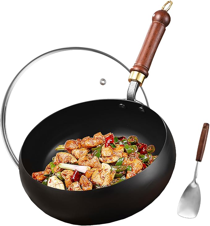Carbon Steel Wok Pan, 10.2" Woks & Stir-Fry Pans with Glass Lid Cookwares, Nonstick Wok Flat Bottom Small Handmade Chinese Wok For for All Stoves