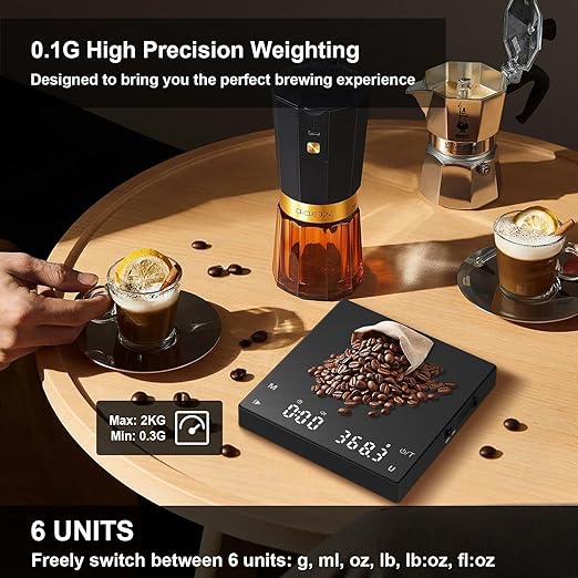 Rechargeable Mini Coffee Scale, Diyife Pour Over Coffee Scale with Timer, 2kg/0.1g Accurate Scale, Auto/Manual Timing, Mini Portable Digital Kitchen Scale for Drip Coffee, Espresso, French Press