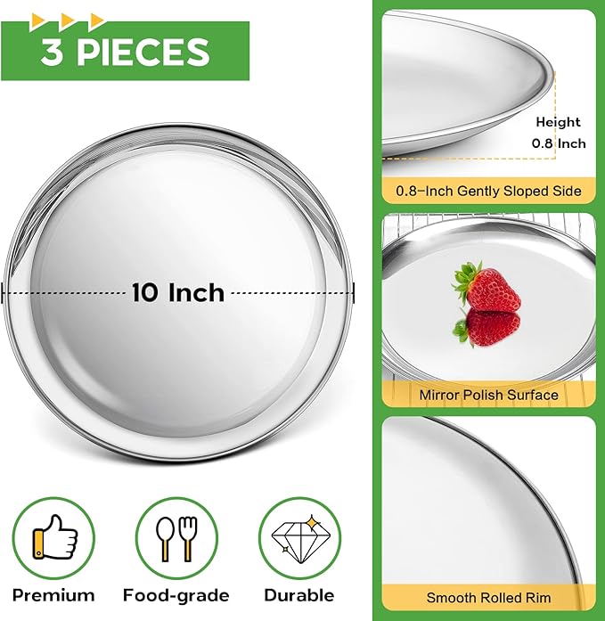 P&P CHEF 10 Inch Pizza Pan, Stainless Steel Round Pizza Tray Baking Pans, Pizzas Plate Serving Tray for Cookie Meat, Oven & Dishwasher Safe & Easy Cleaning, (Mirror Finish) - 3 Pieces