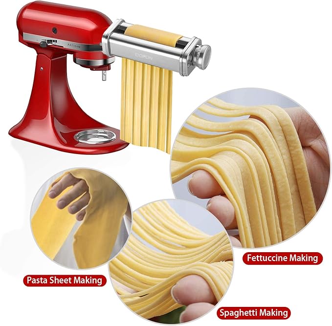 Pasta Attachment for KitchenAid Stand Mixer, 3 Piece Pasta Making Kit Including Pasta Roller, Cutter for Authentic Spaghetti and Fettuccine Sheets, Durable Noodle Accessories by Cofun