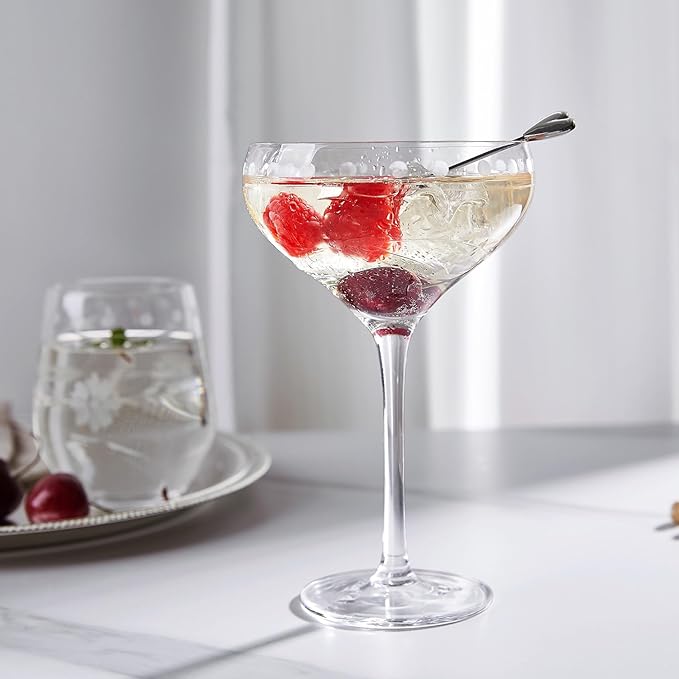 Premium Delight Coupe Glasses Set of 4, 10.8 oz – Hand-Blown with Etched Long Stem, Classic Glassware for Weddings, Dinners, and Holiday Gifting (Coupe Glasses)