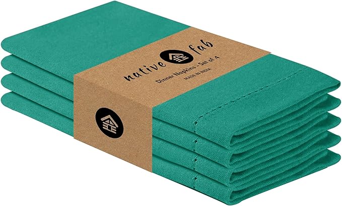 Native Fab Cloth Napkins Set of 4, 100% Cotton, Hemstitch Mitered Edges, Washable Fabric Napkins, 18x18 inch, Soft, Breathable, Reusable Hotel Quality Napkins for Events, Party, Dinner - Royal Green