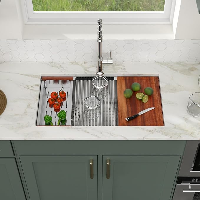 Logmey 33x19x9 Inch Double Bowl Undermount Stainless Steel Workstation Sink - 50/50 Divide, X-Shaped Drainage