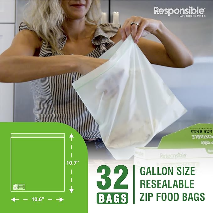 Certified Compostable Large GALLON Resealable Zip Bag, Extra Strength Food Bags, Made from Plant Materials (32 Pack)