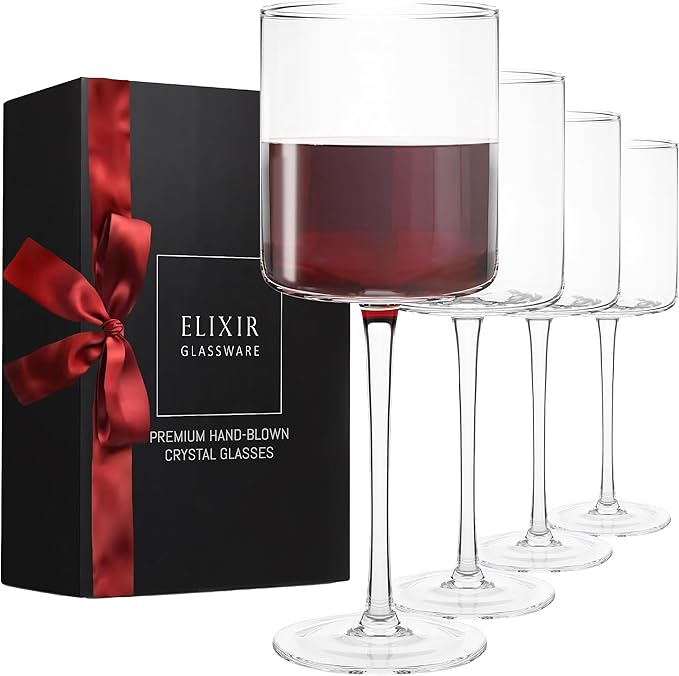 ELIXIR GLASSWARE Wine Glasses Set of 4-17oz - Square, Large Red or White Wine Glasses - Hand Blown Long Stem Crystal Wine Glass Set - Housewarming Gifts