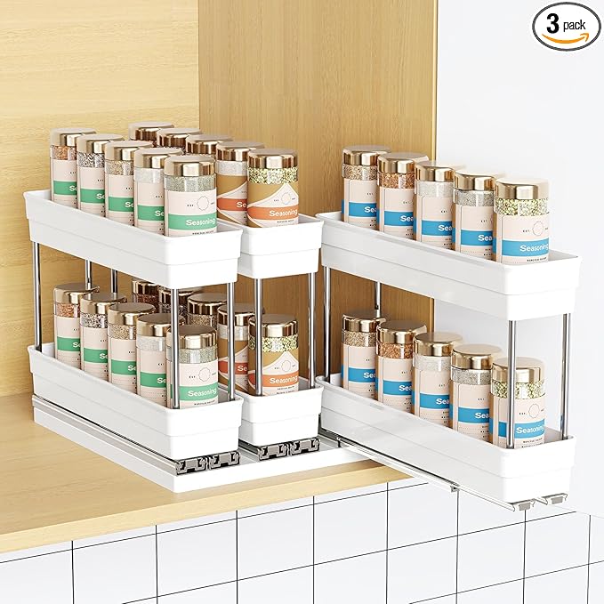 Pull Out Spice Rack Organizer for Cabinet, Slide Out Spice Racks Organizer, Easy to Install Spice Cabinet Organizers, 2.3''Wx10.35''Dx8.26''H, 3 Pack-2 Tier(White)