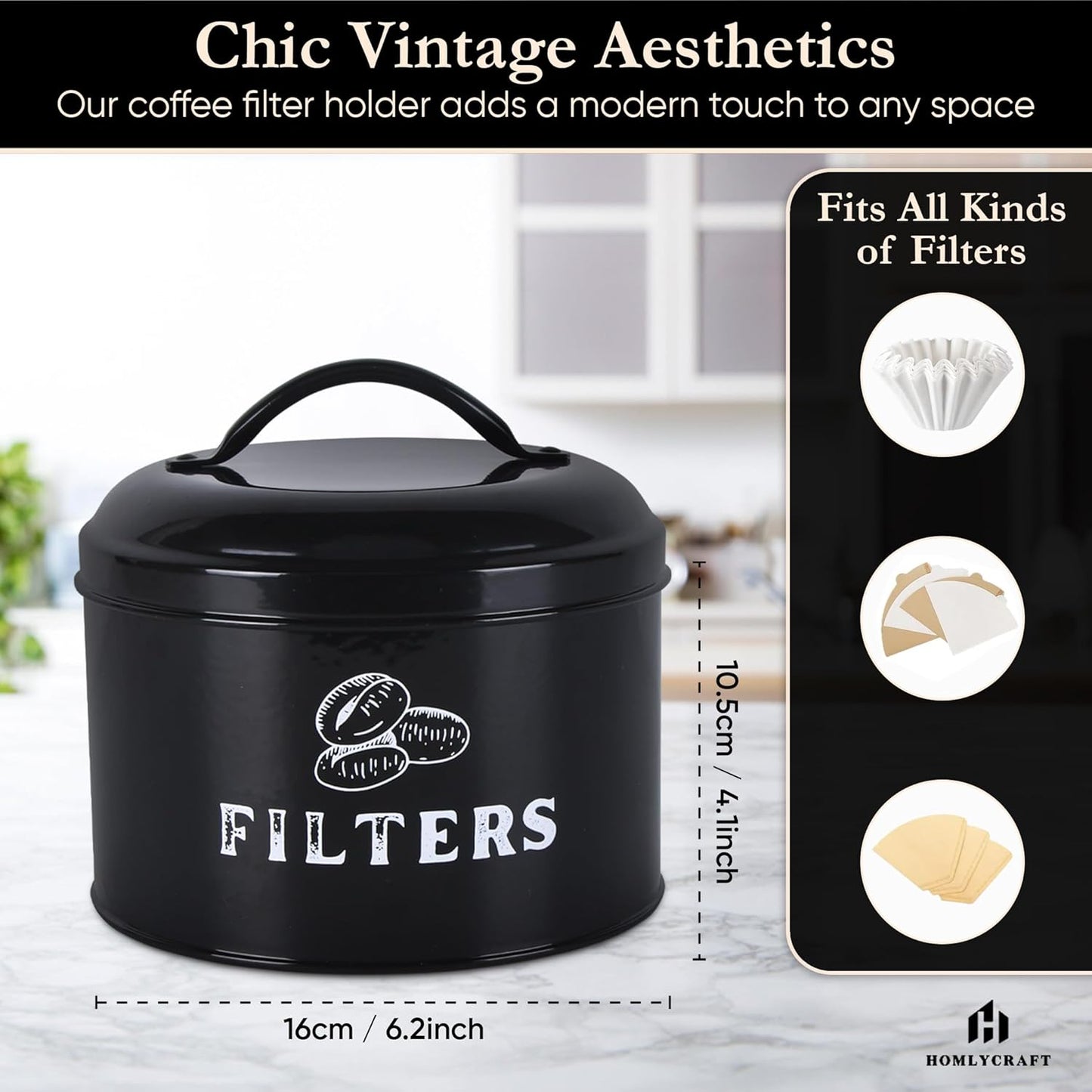 Coffee Filter Holder – Coffee Filter Holder for Counter with Braided Cotton Drink Coasters – Vintage Coffee Filter Container with Lid – Accessories for Coffee Bar, Home(Black)