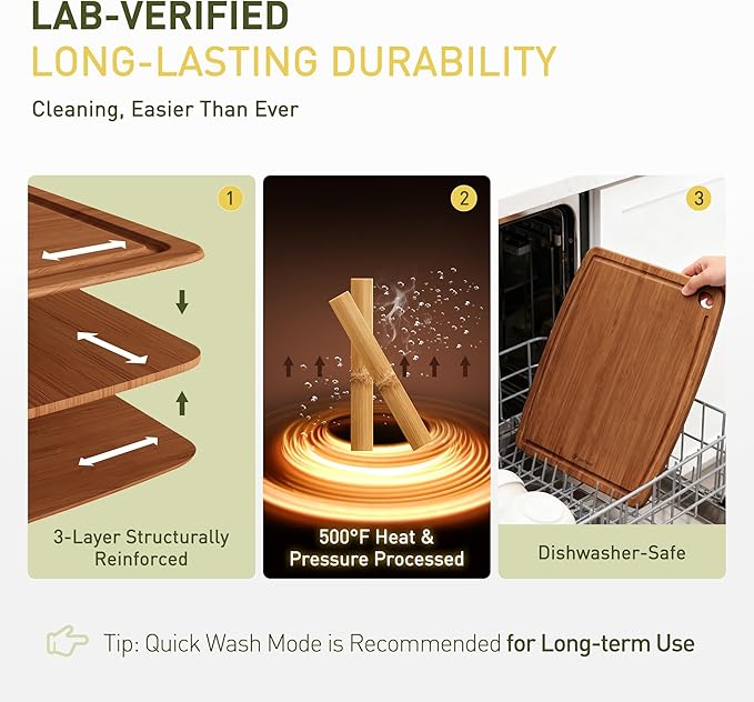 Dishwasher Safe Bamboo Cutting Boards Durable Lightweight Wood Cutting Board for Busy Kitchen, Easy Clean Wooden Chopping Boards with Juice Groove Set of 3 (L+M+S)