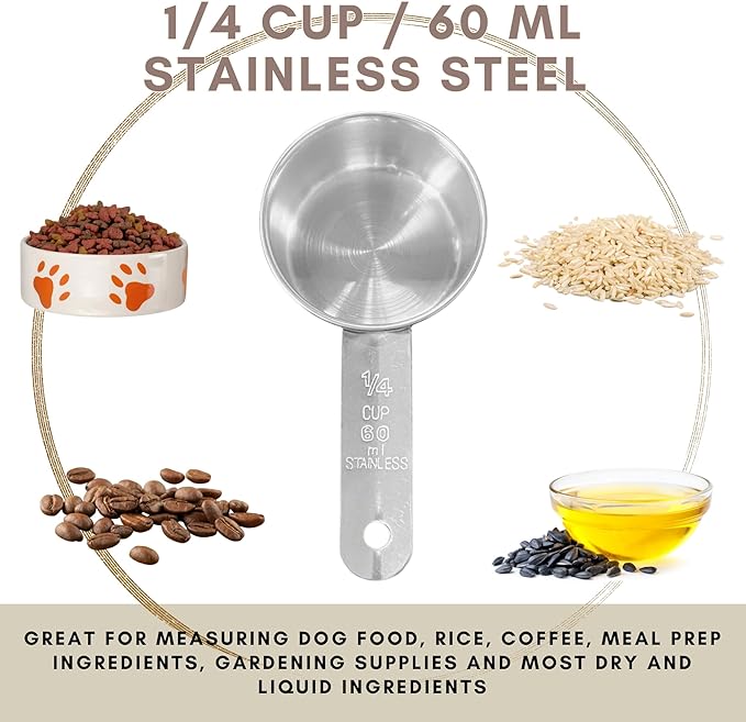 1/4 Cup Stainless Steel Measuring Cup | Sturdy Metal 60 ml | 60 cc | 2 oz | Single Cup for Wet and Dry Ingredients | Great for use as 1/4 Cup Dog Food Scoop - 12 PK