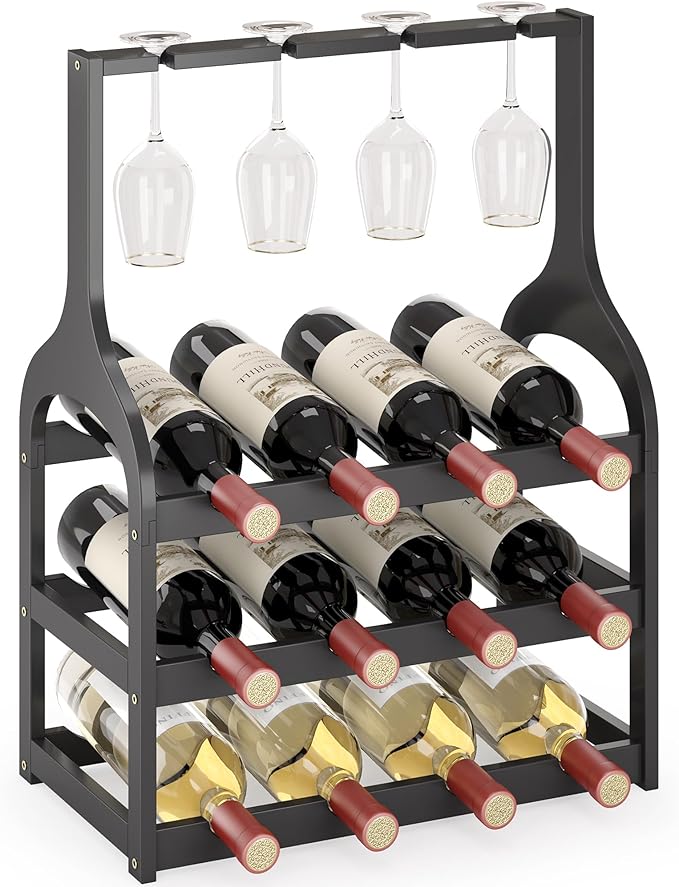 Wine Rack Countertop for 12 Wine Bottles and 4 Glass Holder, Small Bamboo Free Standing Racks Tabletop Display, Wooden Wine Storage Organizer for Cabinet Pantry Kitchen Bar Home Dining Room (Black)
