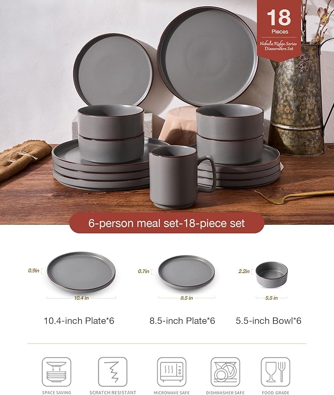 Famiware Nebula Ridge Stoneware Dinnerware Sets for 6, Plates and Bowls Sets, 18 Pieces Dishes Set, Microwave and Dishwasher Safe Kitchen Plates, Dark Gray